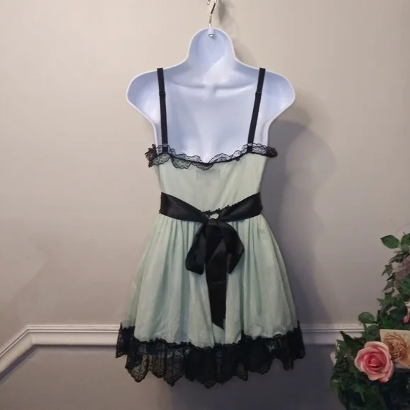 Dolls Kill House Of Widow Shimmery Mint Chiffon & Black Lace Trimmed Mini Dress - Picture 2 of 7